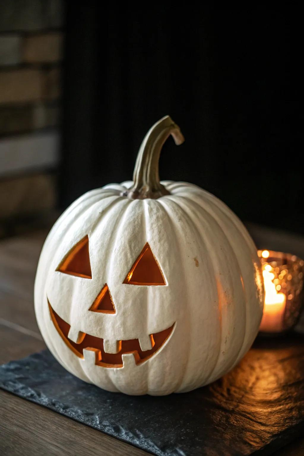 A classic Jack-O-Lantern with a twist, using a white pumpkin.