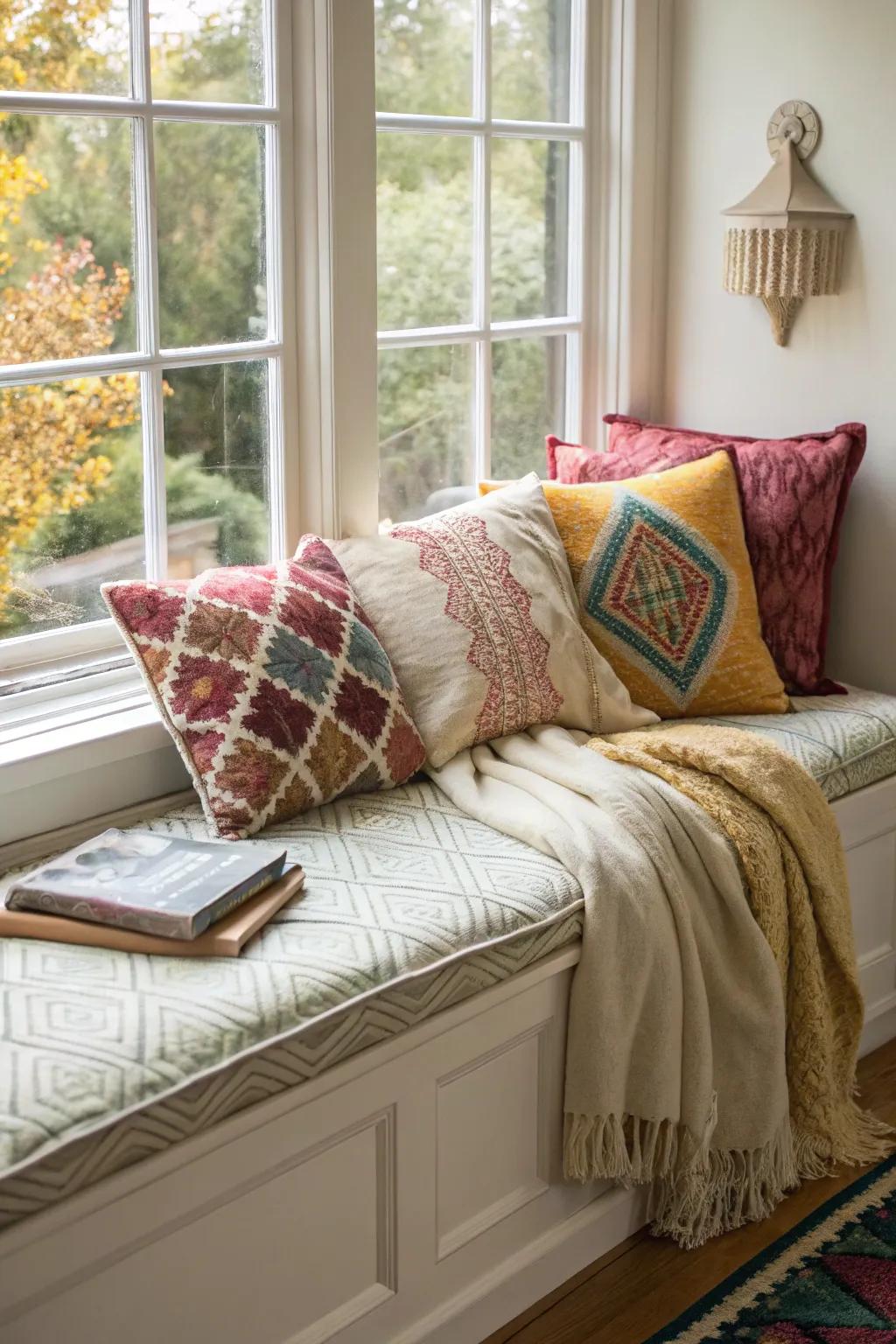 A window seat adorned with a mix of plush cushions, adding warmth and character.