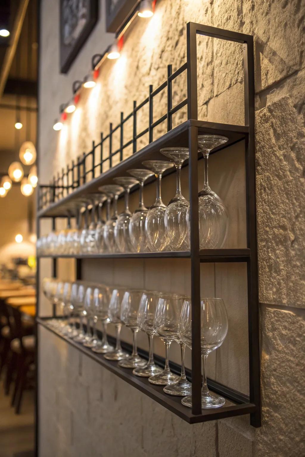 A wall-mounted support showcasing wine glasses as wall art.