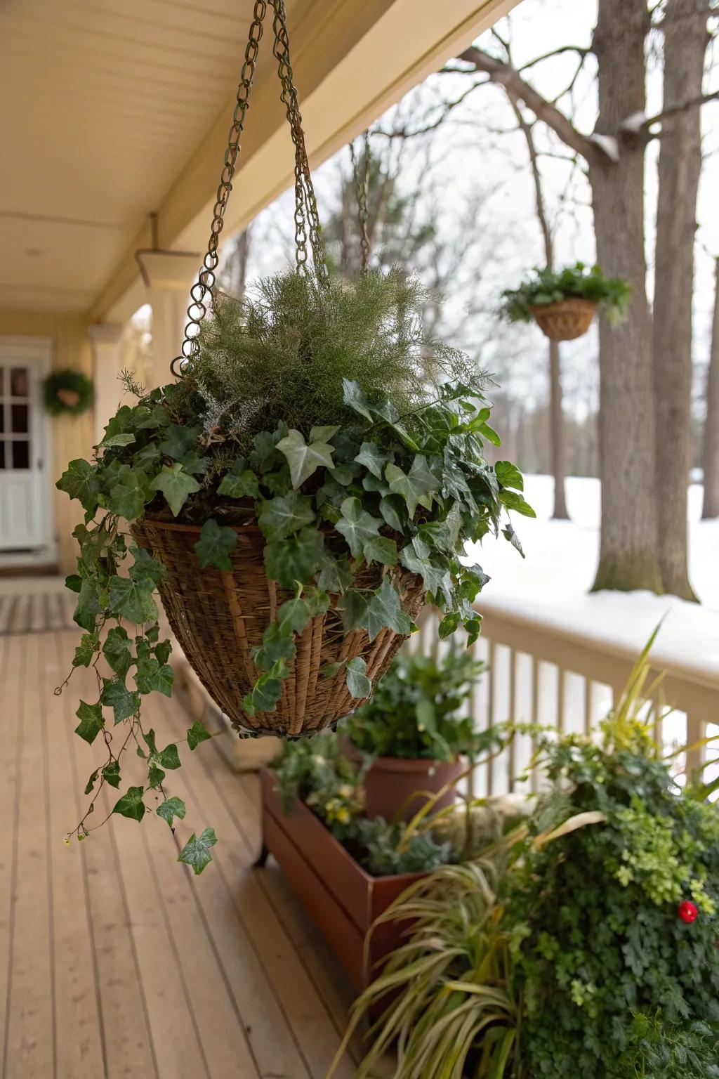 Ivy infuses a hint of sophistication into hanging baskets.