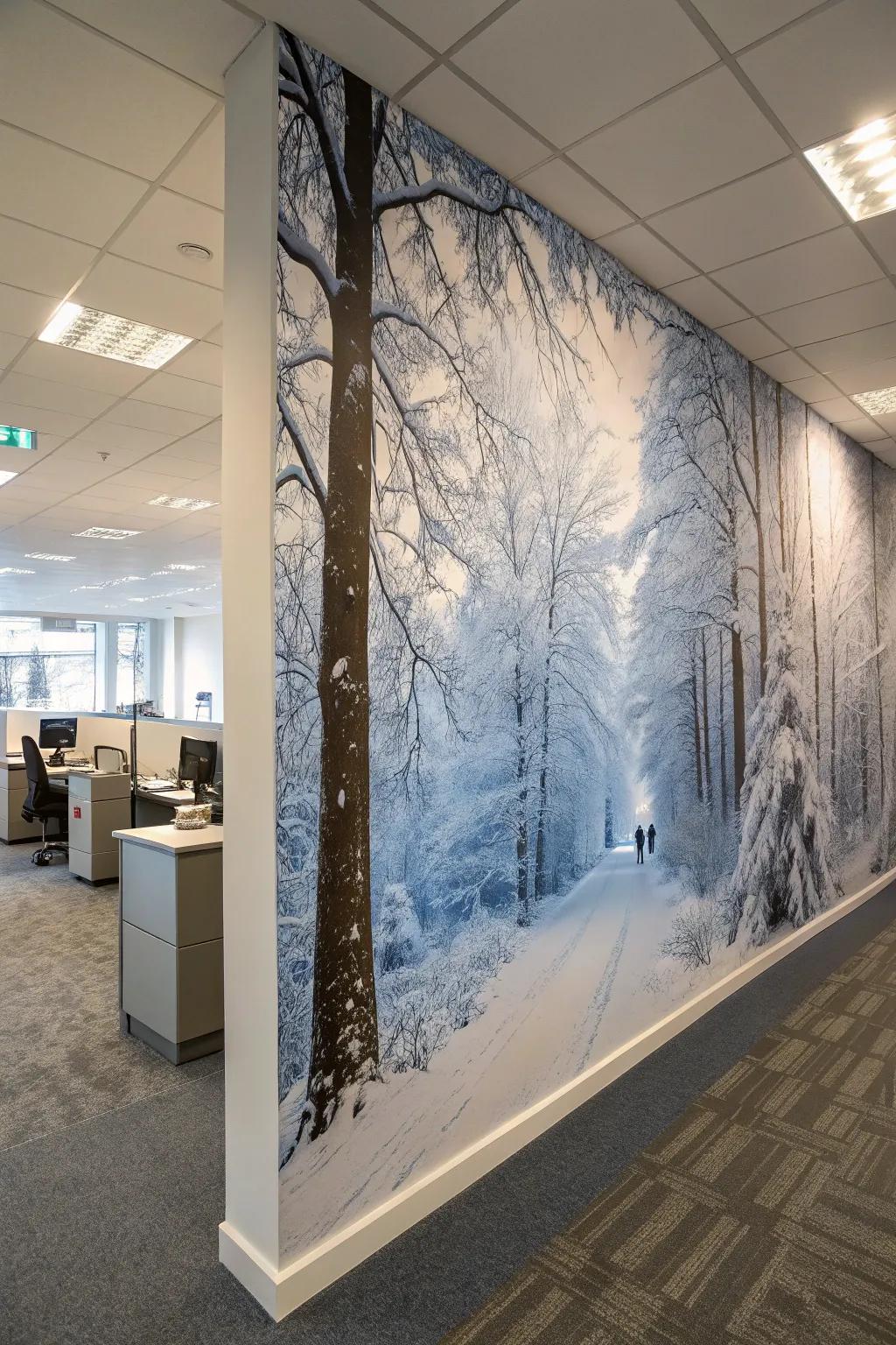 A winter forest mural brings the beauty of nature into the office.