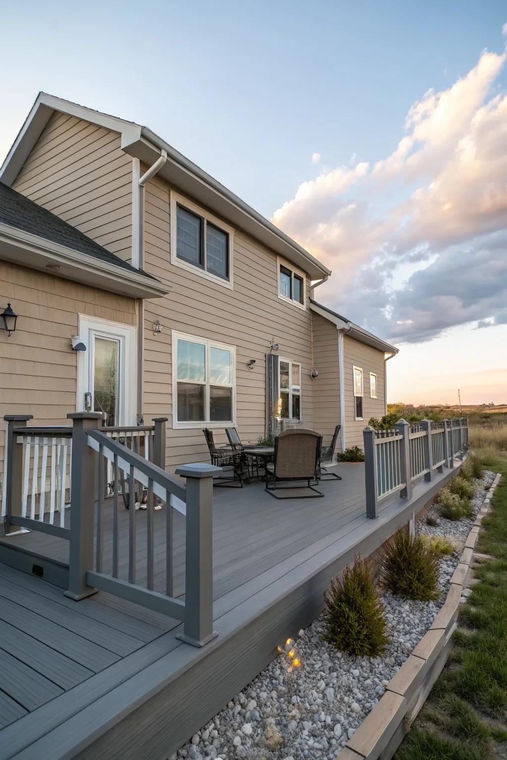A contemporary gray deck infuses a modern elegance into a tan house, perfect for those who appreciate a stylish appearance.