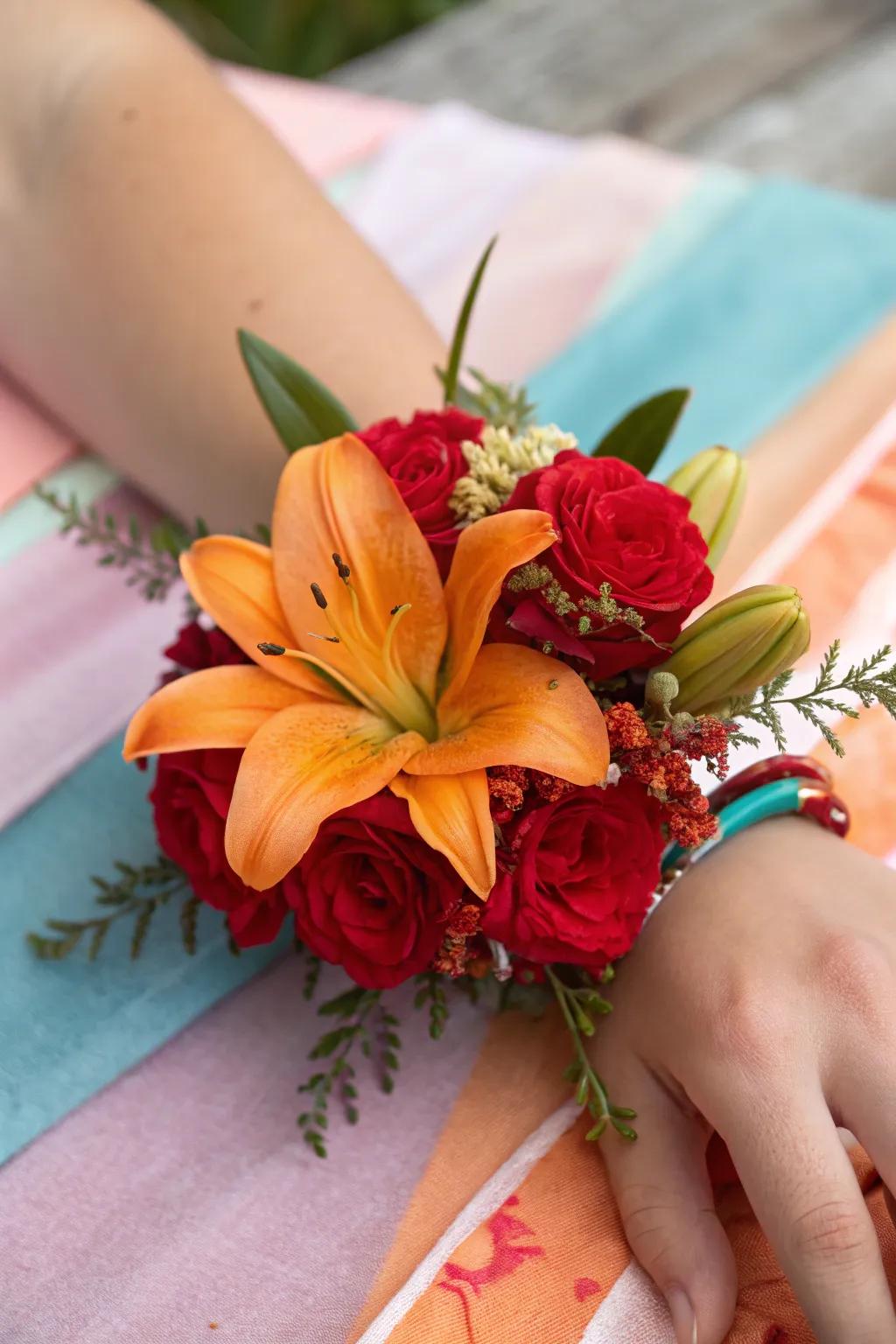 Vibrant wrist corsage with orange lilies and red peonies.