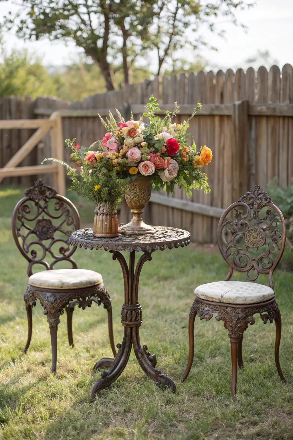 Vintage wrought iron pieces bring nostalgic charm to outdoor gatherings.