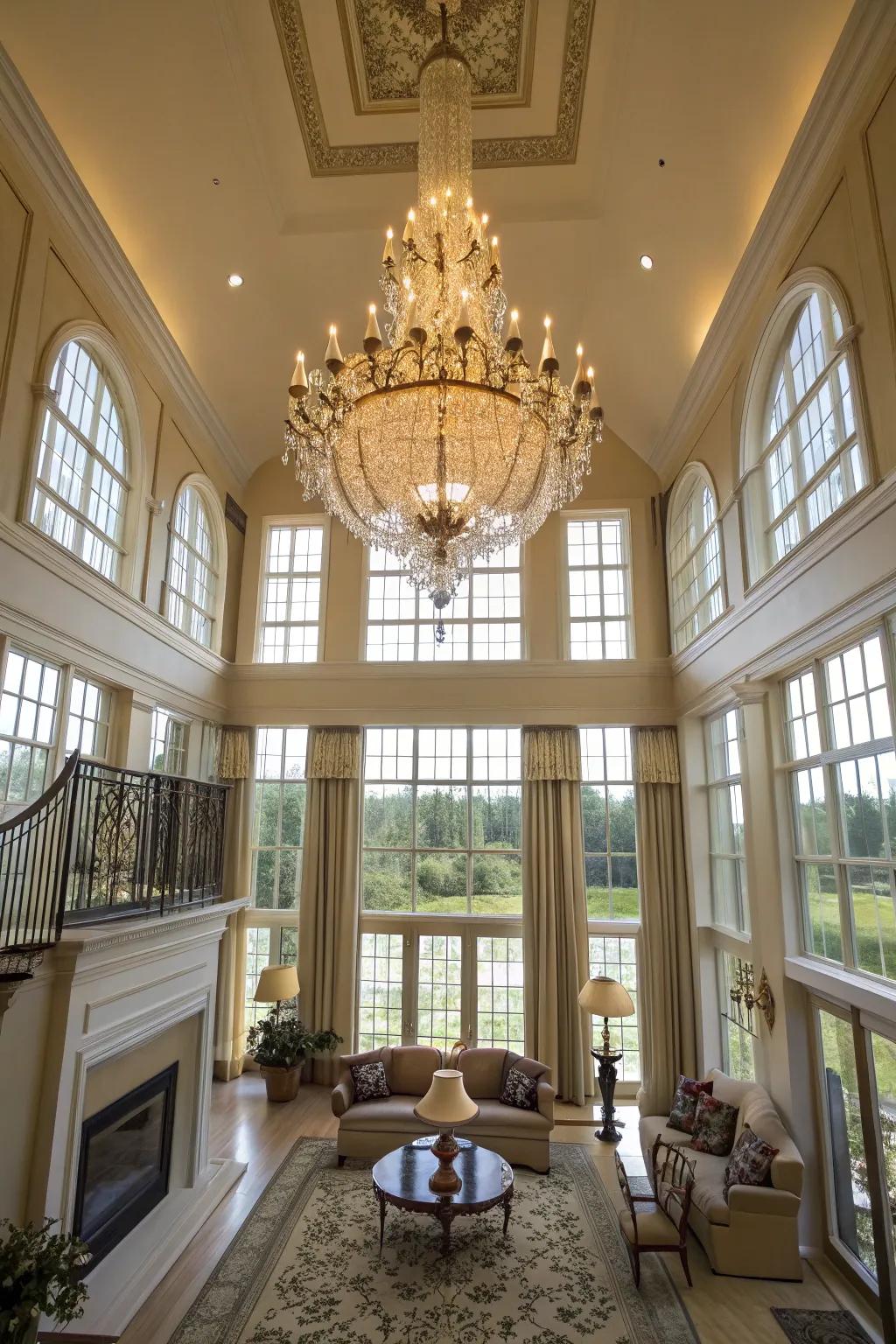 A grand chandelier adds drama and elegance to the great room.