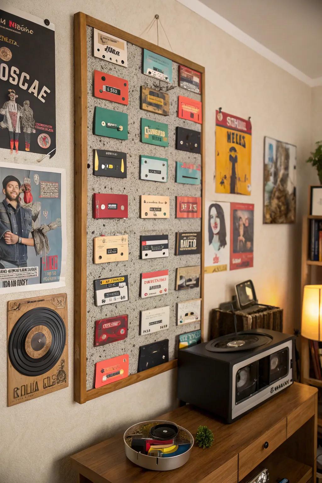 Tape cassettes utilized as thumbtacks on a vintage-themed pinboard.