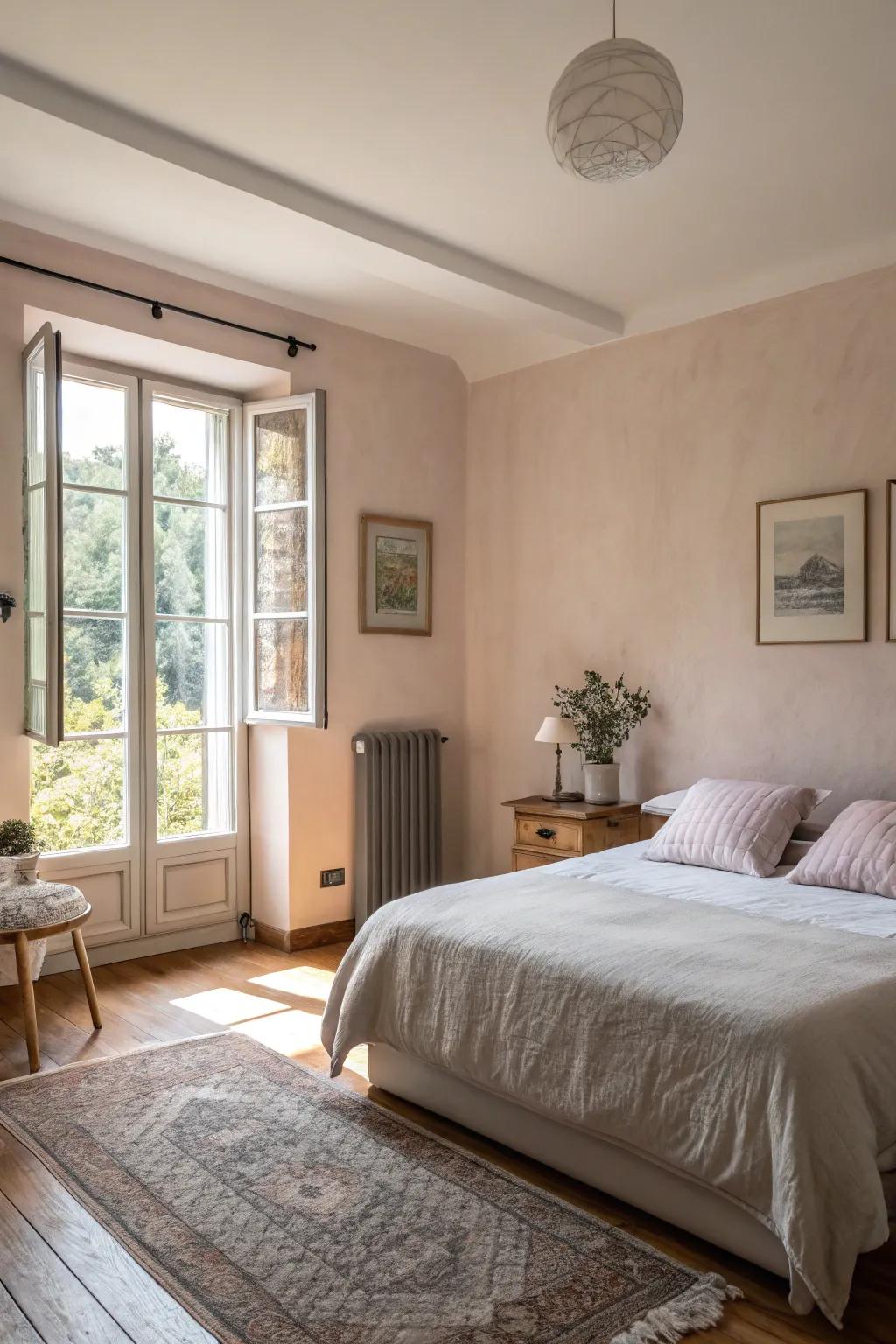 A serene bedroom with a calming pastel accent wall.