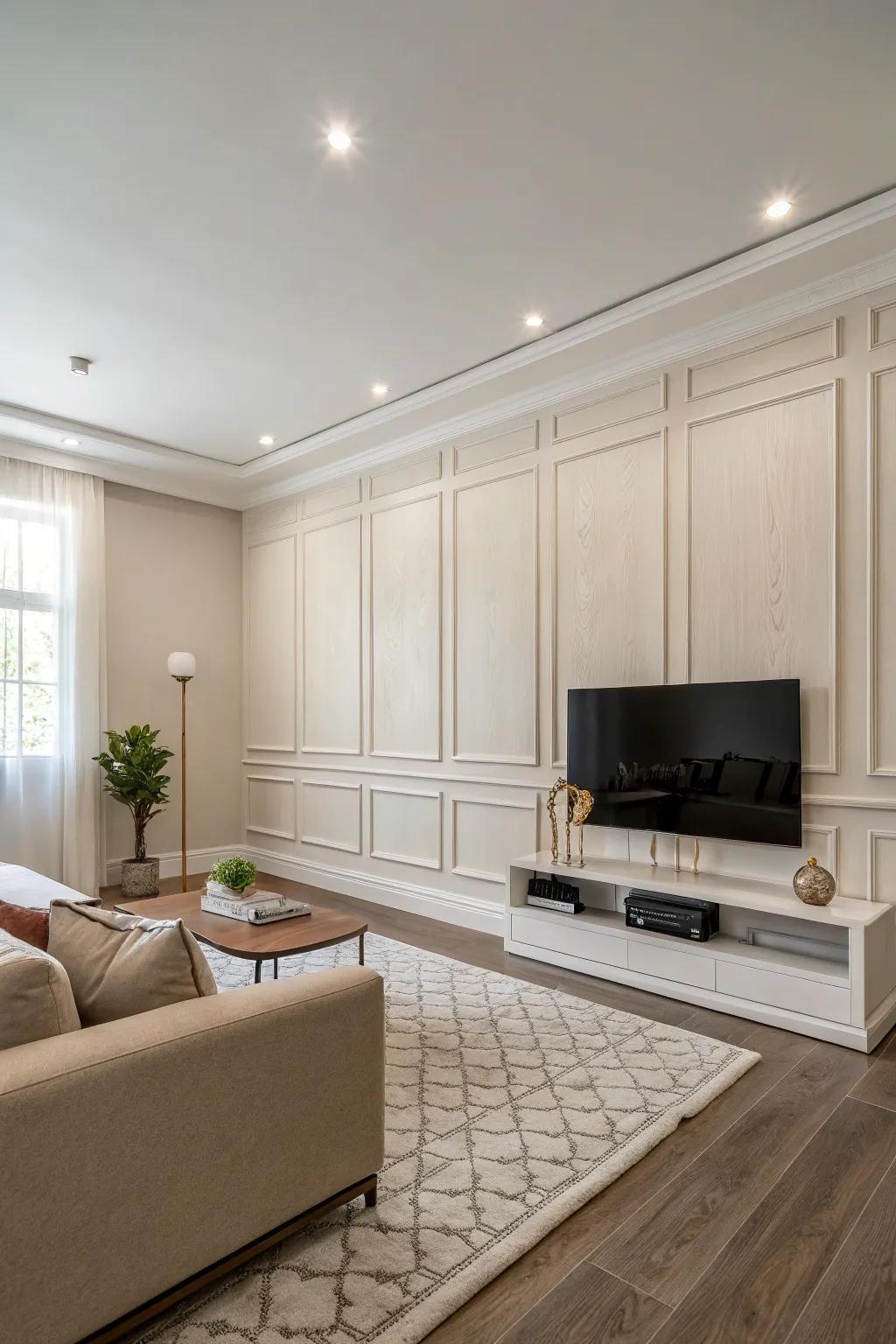 A minimalist living room with a simple panel accent wall.