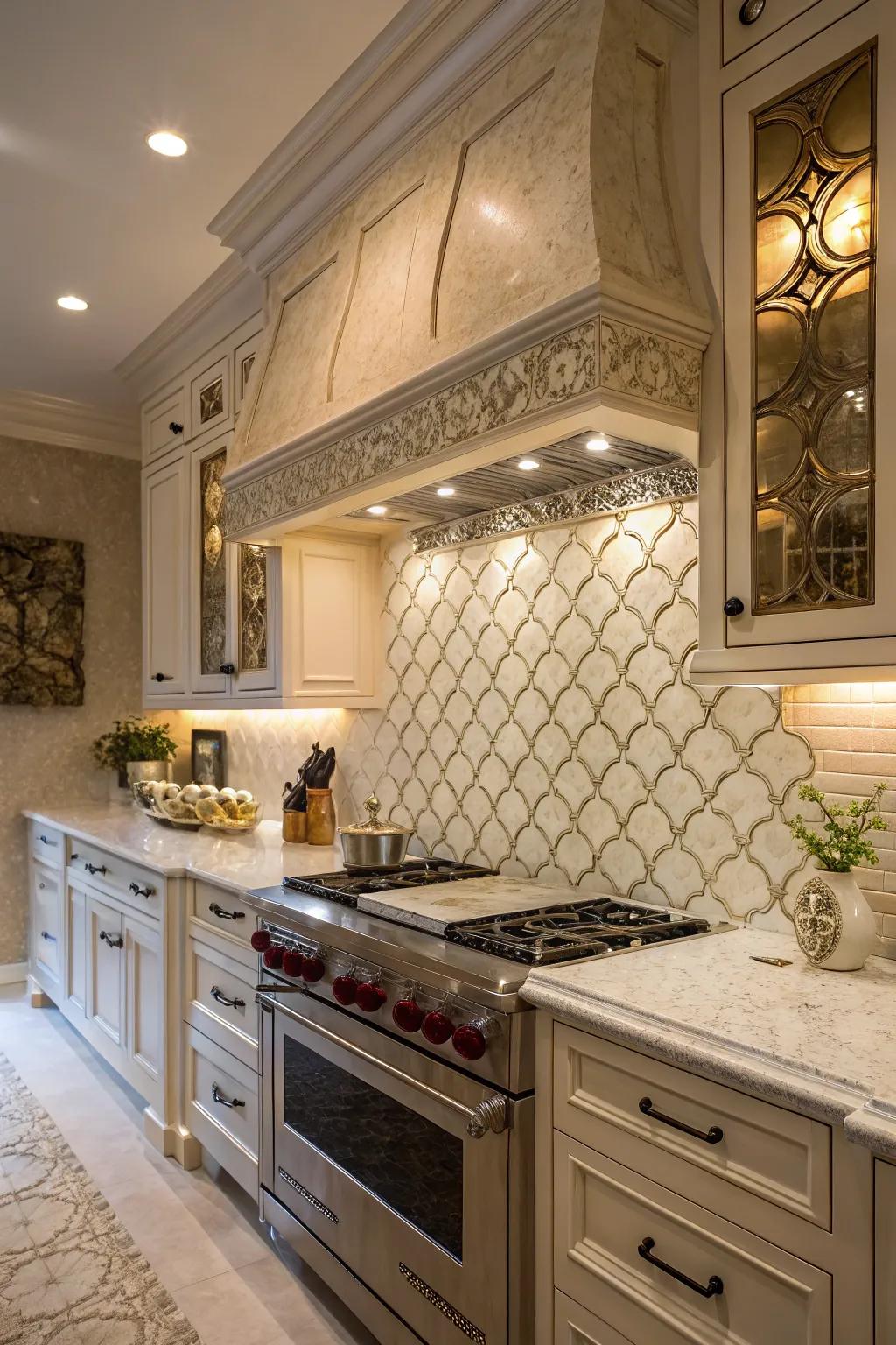 A luxurious kitchen features a textured arabesque tile backsplash that adds dimension.