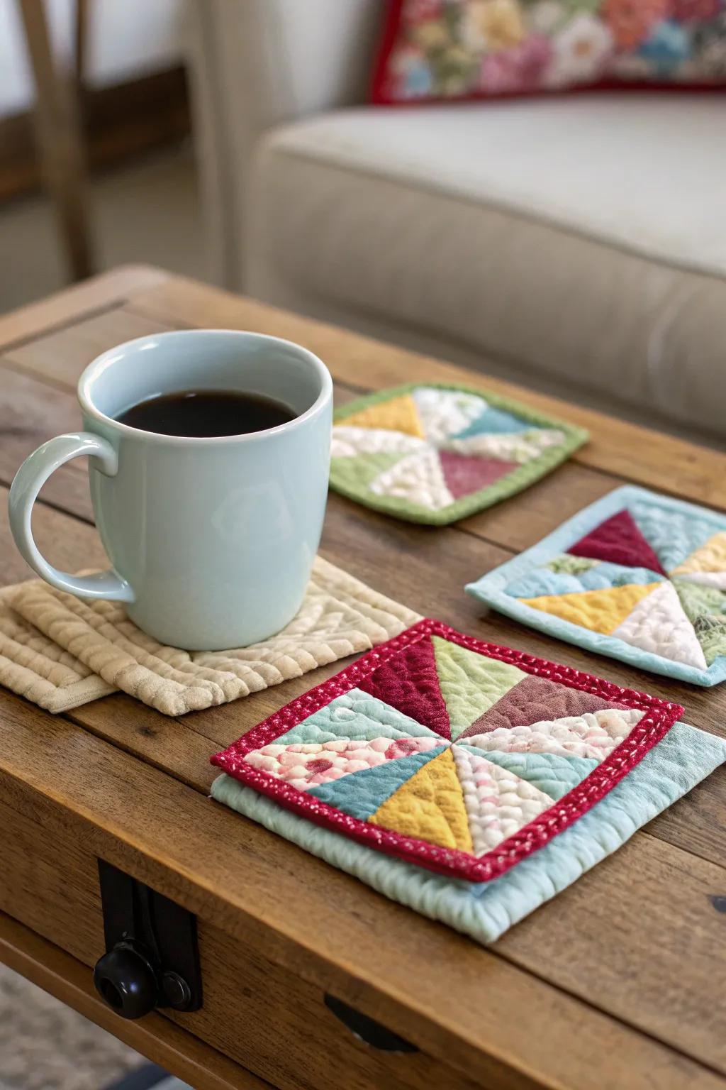 Handmade quilted coasters in earthy tones, infusing warmth into any setting.