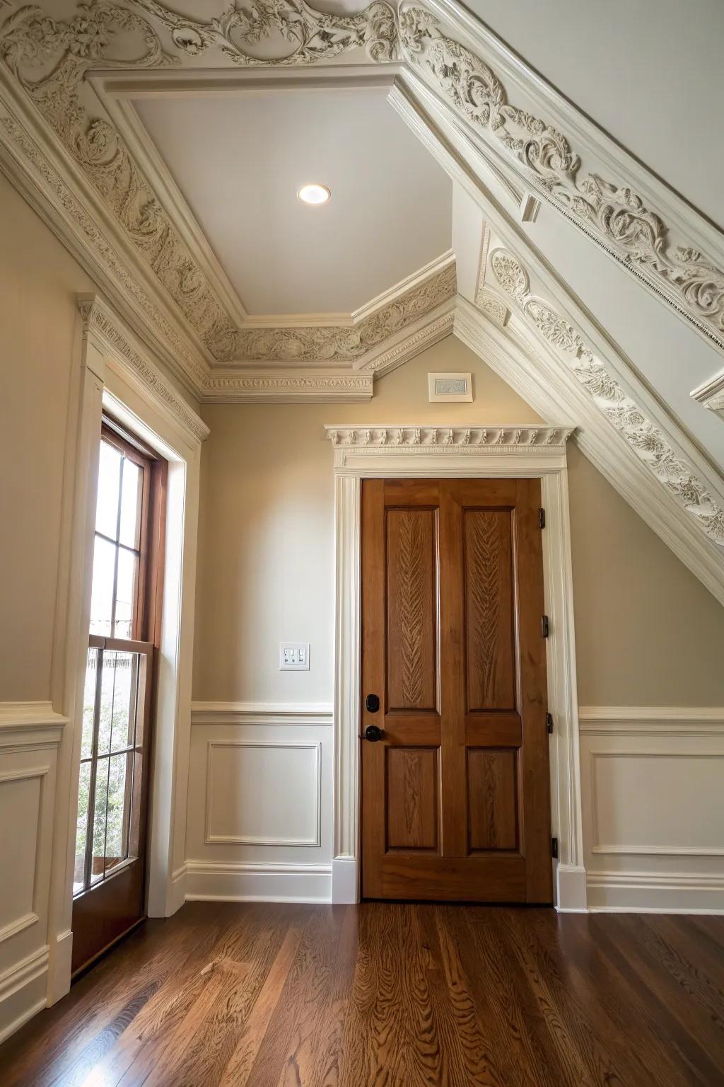 Crown molding adds grandeur to attic doors.