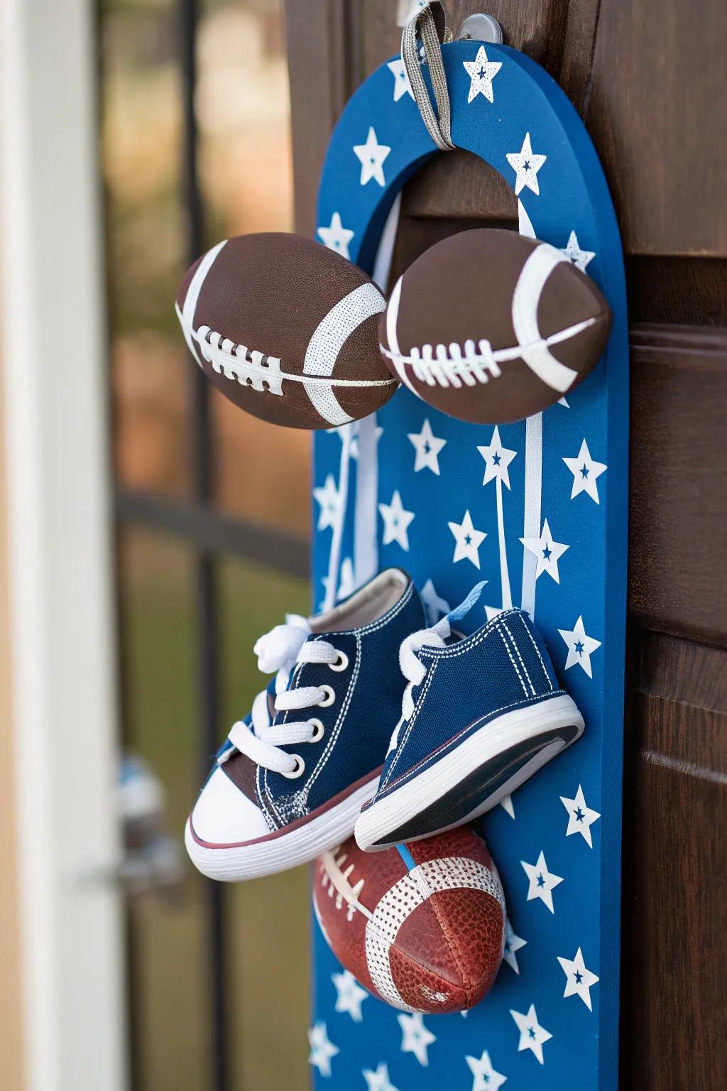 A spirited sports-themed door adornment ideal for a prospective athlete.