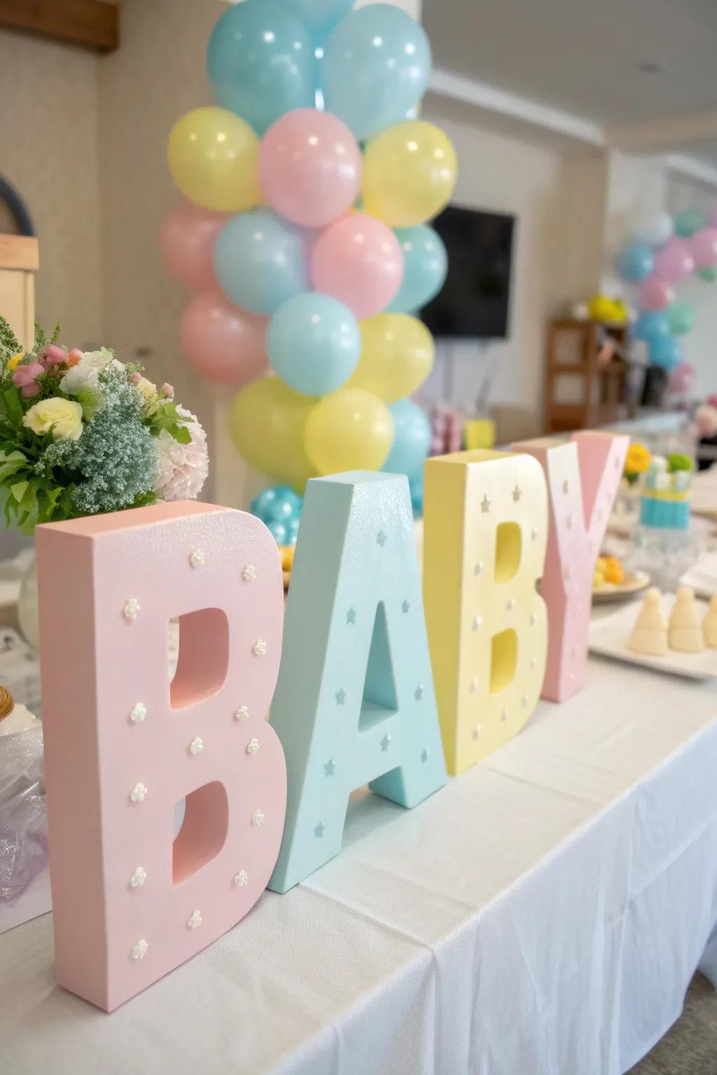 Oversized pastel baby block letters add a playful touch to the baby shower decor.