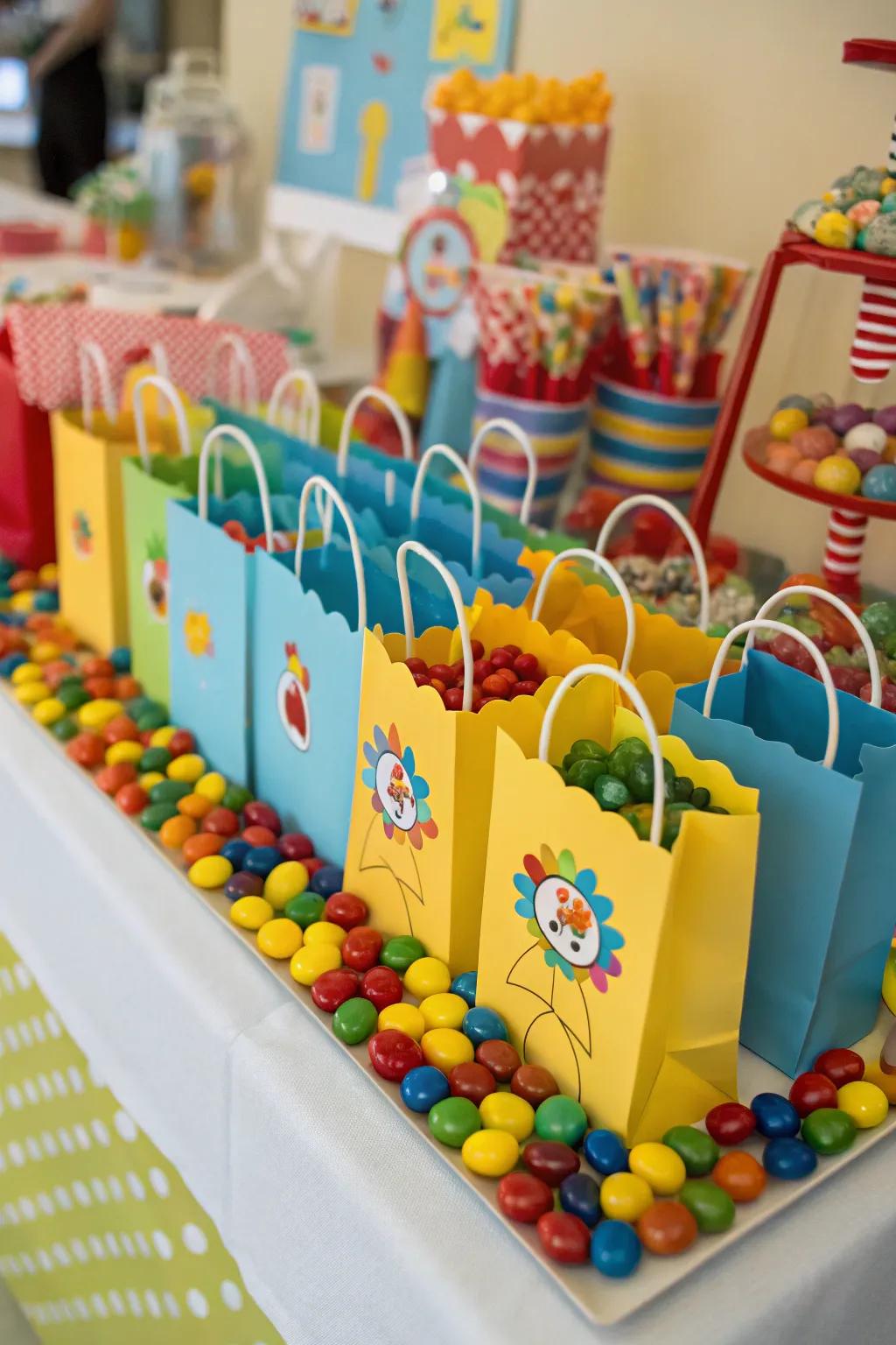 Colorful treat bags filled with sweets are always a crowd-pleaser.