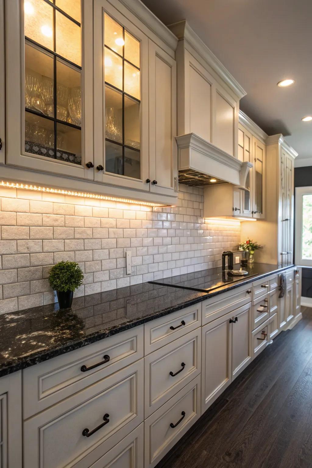 Light cabinetry and dark granite create a striking contrast.