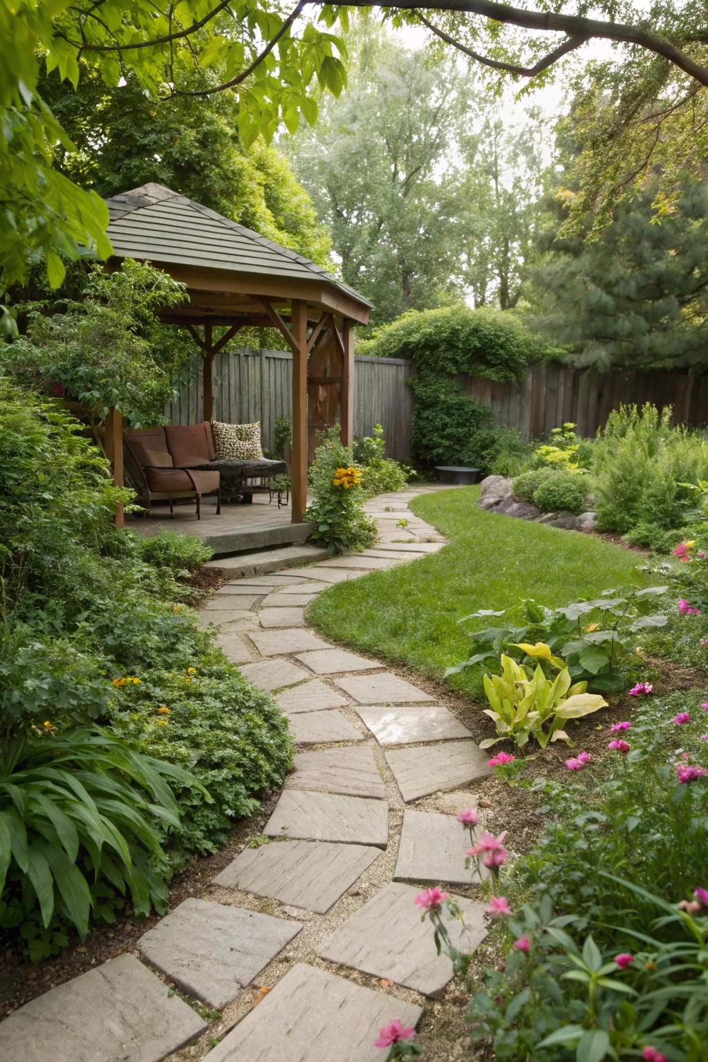 A charming garden path invites adventure and discovery in your backyard.