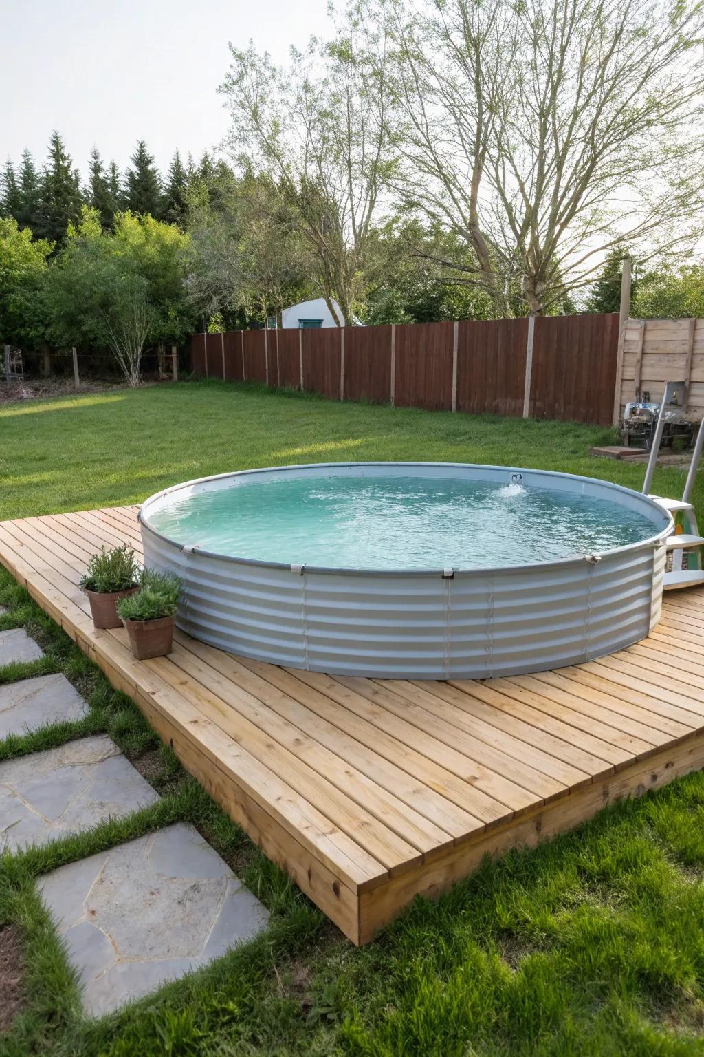 A semi-in-ground stock tank pool with a stylish deck.