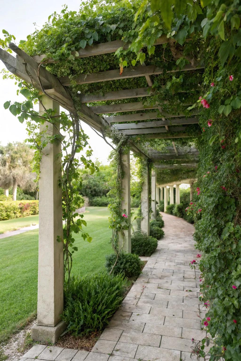 A cozy pergola with vines enhancing privacy and charm.