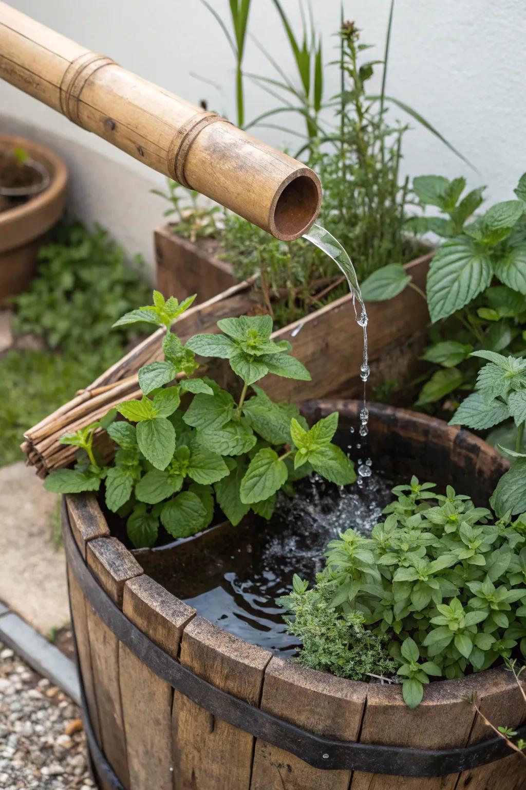 A rustic bamboo fountain is elegantly paired with a wooden cask in a garden setting.
