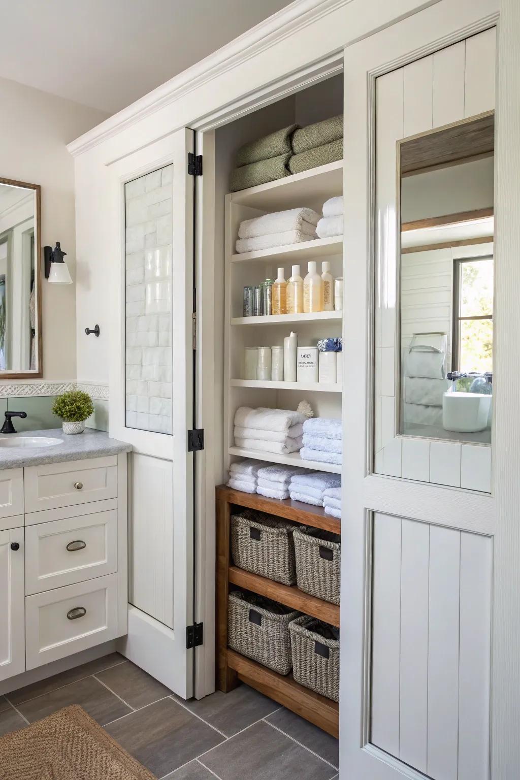 Integrated shelving enhances functionality and storage.