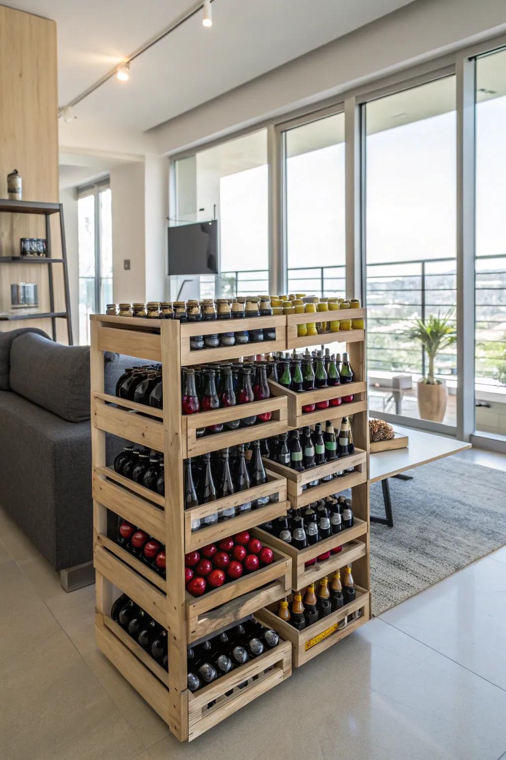 Stackable wine racks filled with beer bottles in a modern apartment setting.