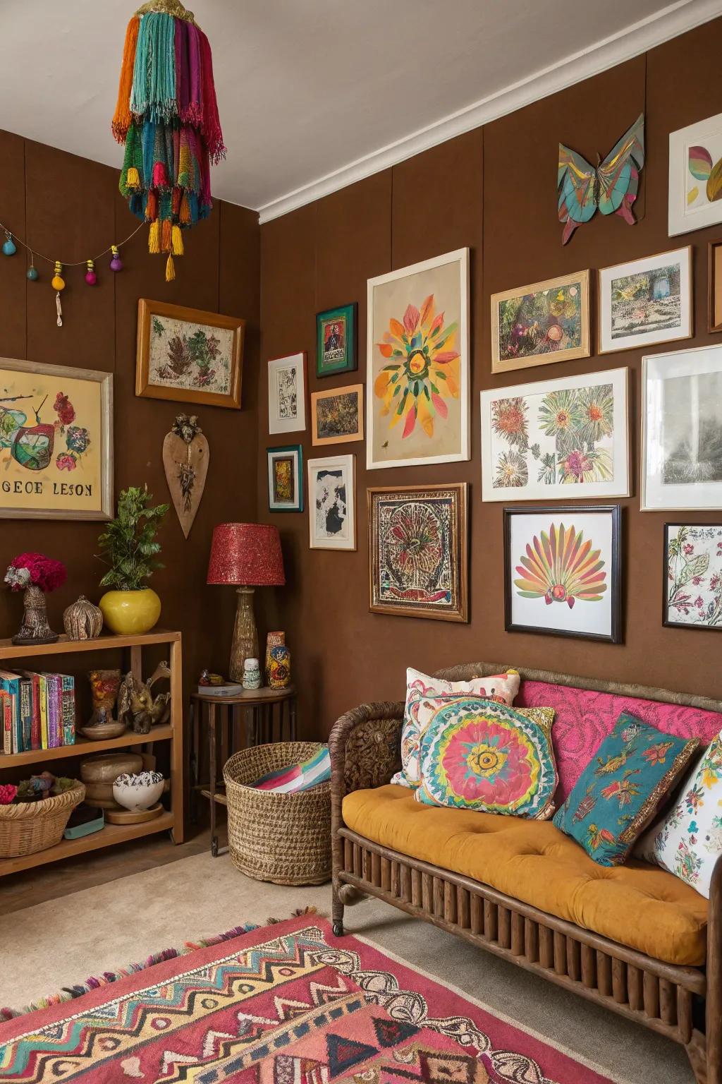 An artistic haven with brown walls that enhance vibrant artworks.