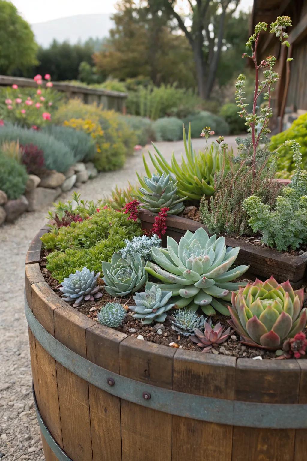 A stunning array of succulents flourishing in a whiskey barrel.