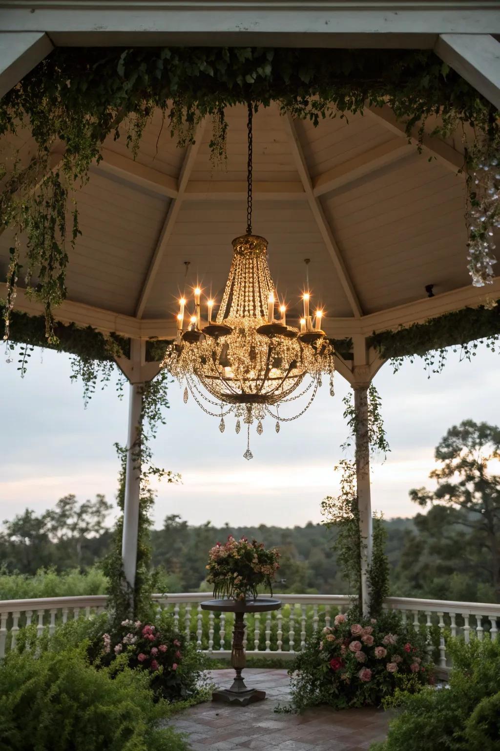 A solar chandelier introduces an aspect of refinement to any gazebo arrangement.