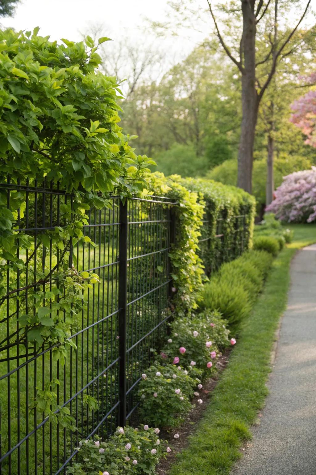 Maintain privacy and enjoy the view with strategic planting alongside a black wire fence.