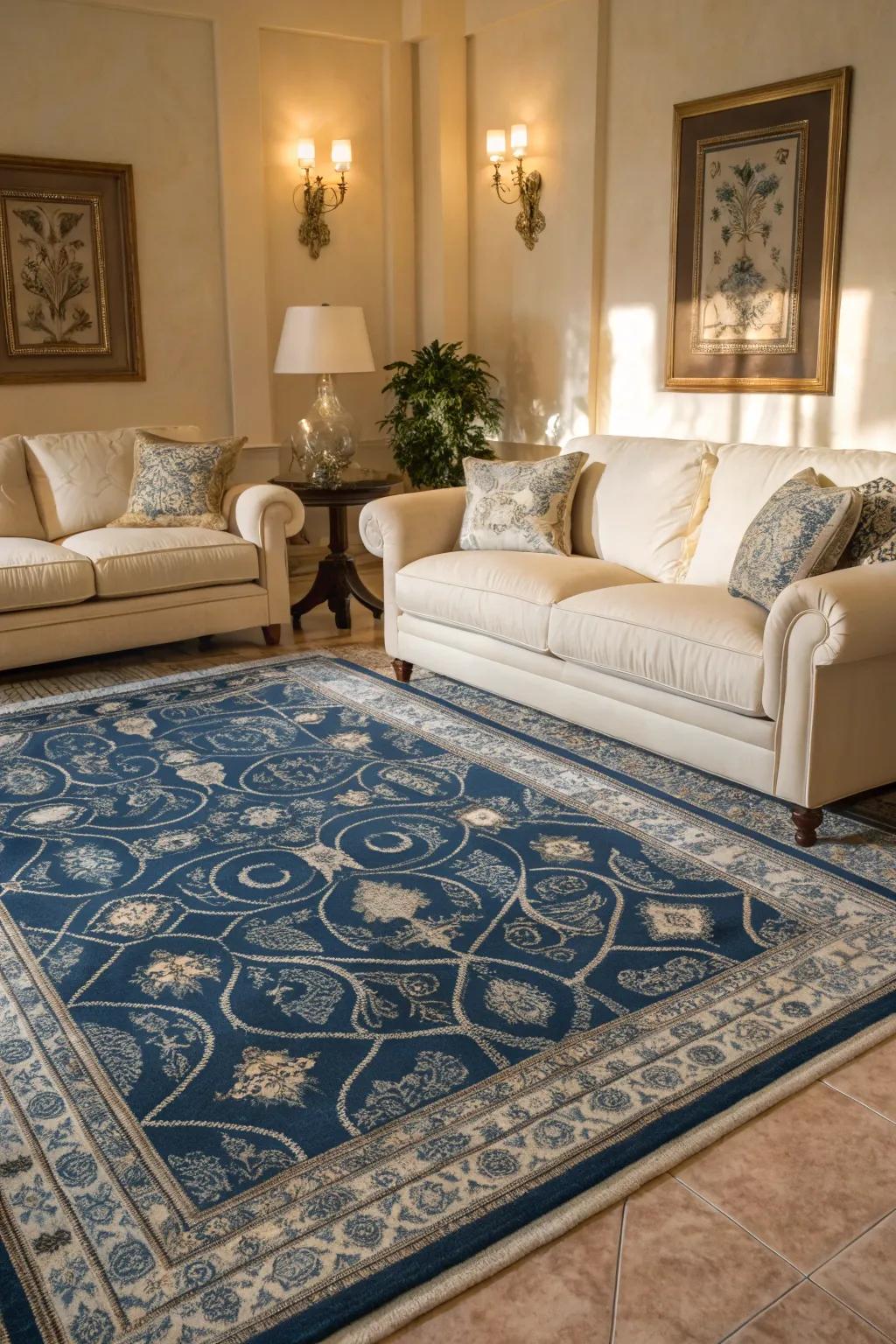 A patterned blue rug brings texture and elegance to this cozy living room setting.