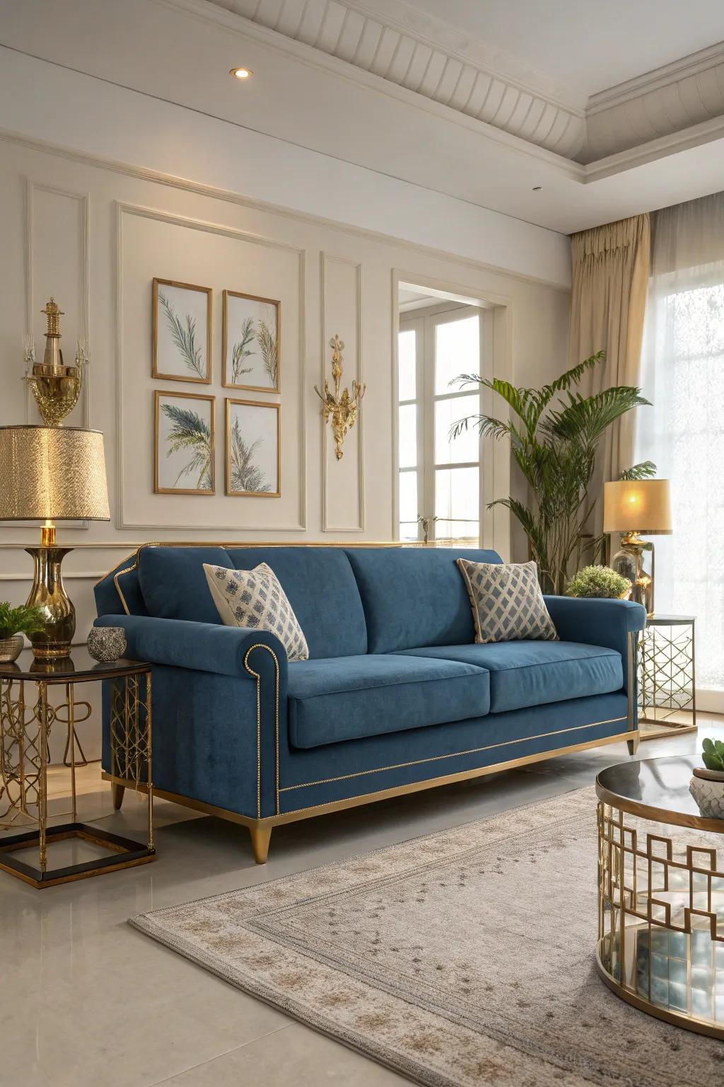 Metallic accents introduce an opulent feel to a blue settee.
