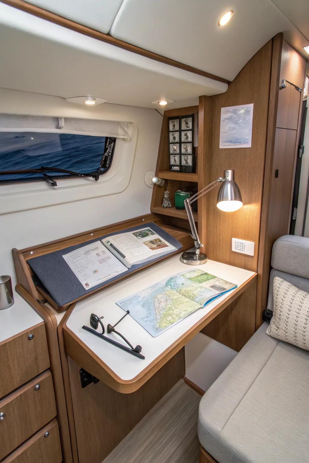 Wall-secured escritoire within a compressed vessel cabin.