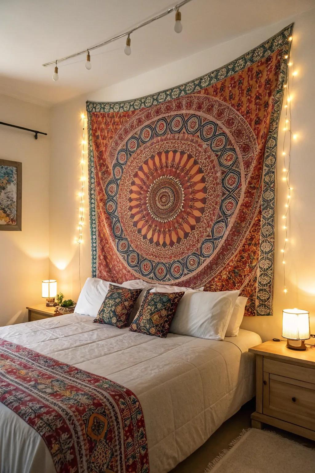 A tapestry headboard brings color and texture to this bohemian retreat.