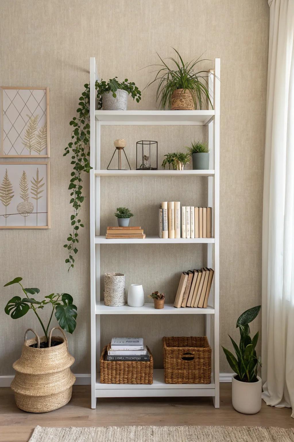 Bookshelf featuring understated beige wallpaper for a traditional, subtle aesthetic.