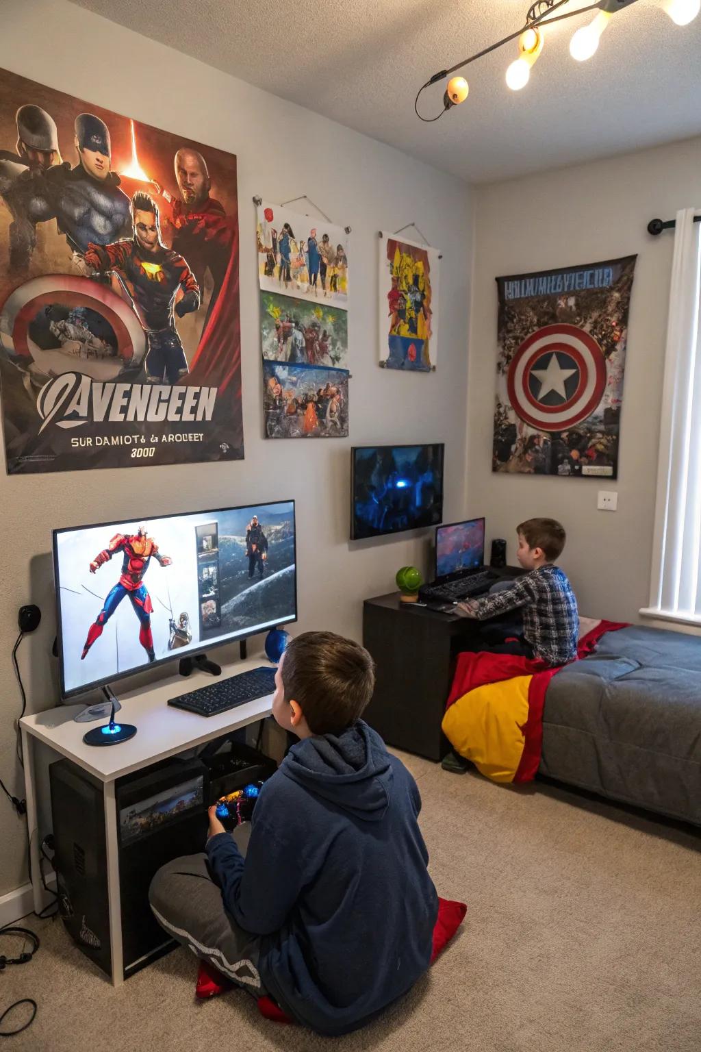 Superhero wall art adds a dynamic and personal touch to the gaming room.