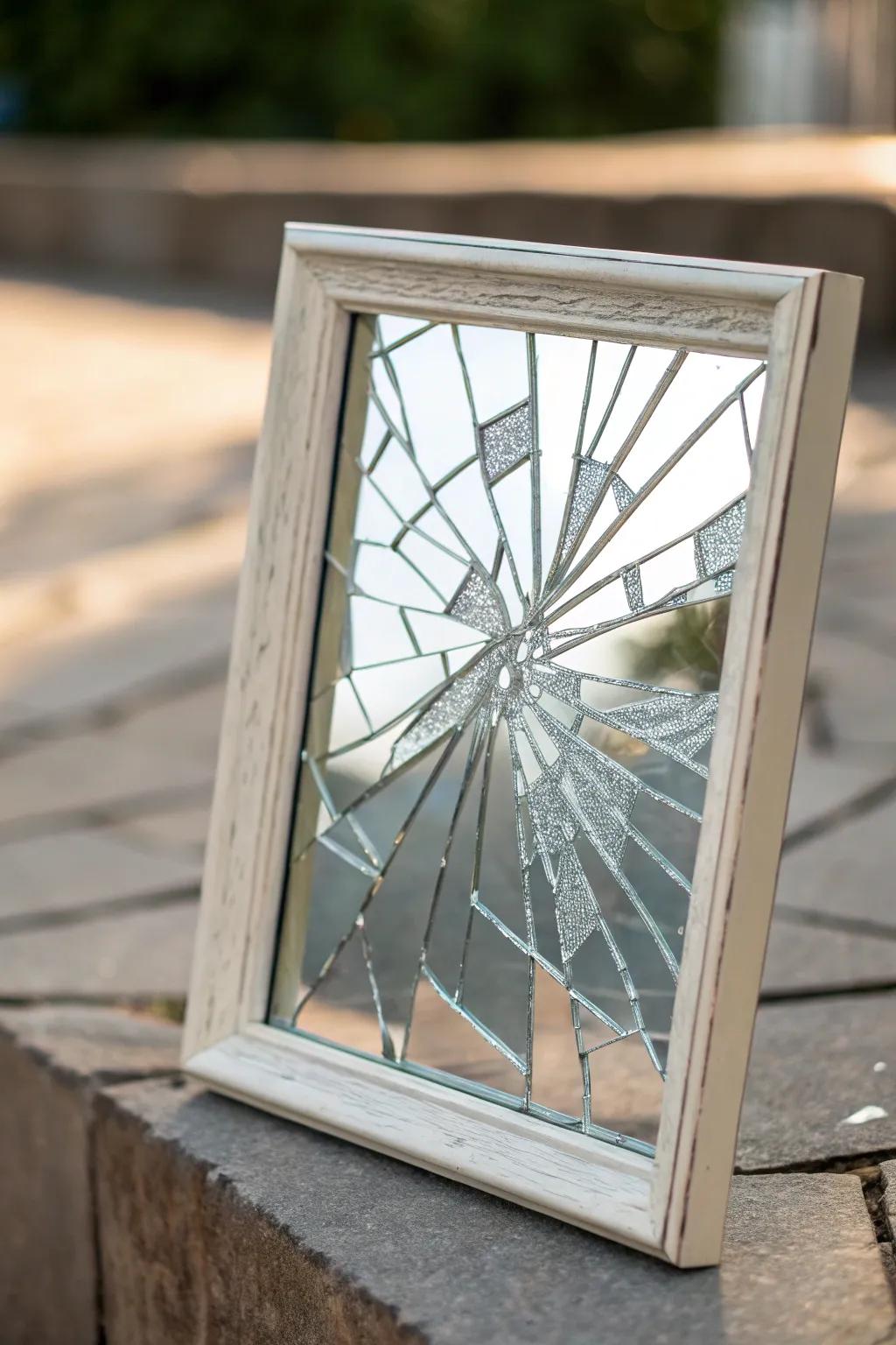 Framed mirror art transforms shards into a focal point.