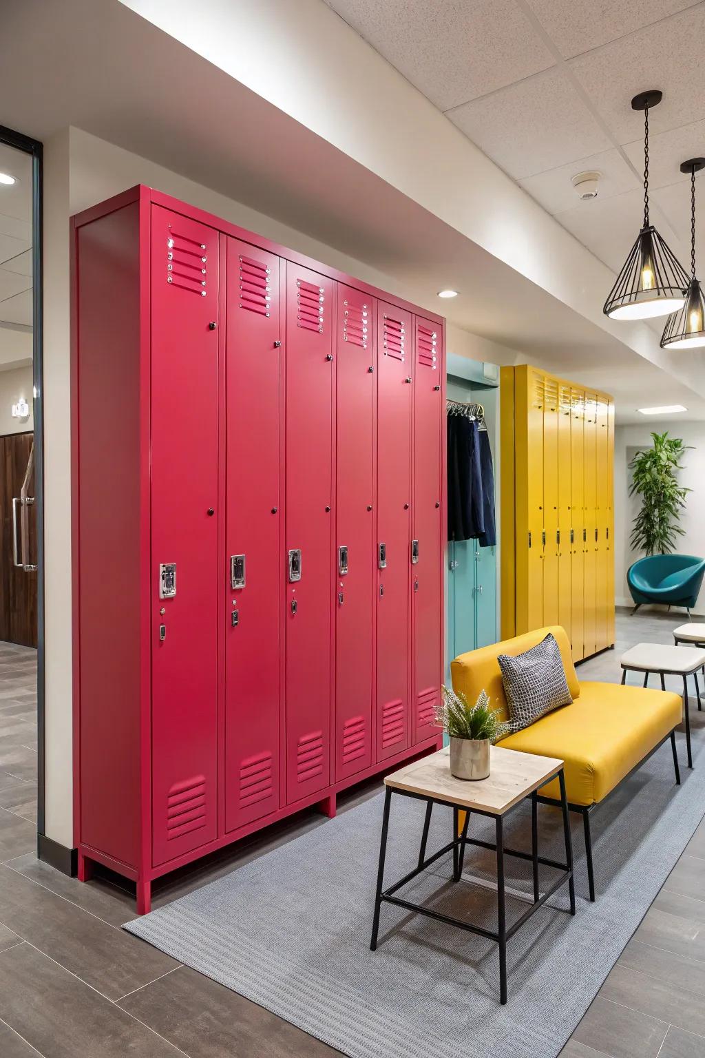 Vibrant paint colors bring built-in lockers to life.