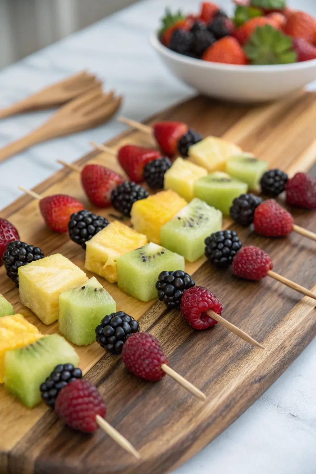 Vibrant fruit skewers perfect for a bee-themed party.