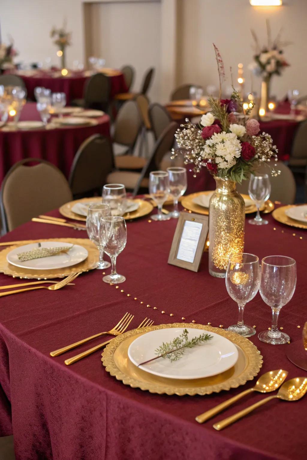 Sophisticated table settings in burgundy and gold set the scene for a lavish meal.