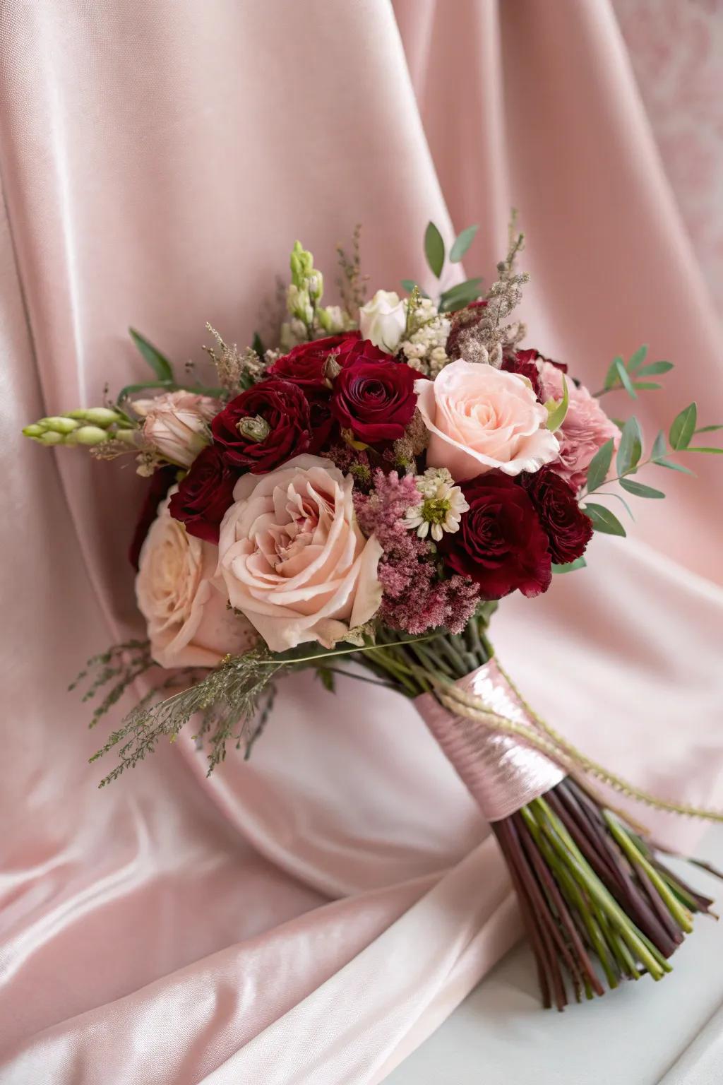 A romantic blend of burgundy and blush flowers.