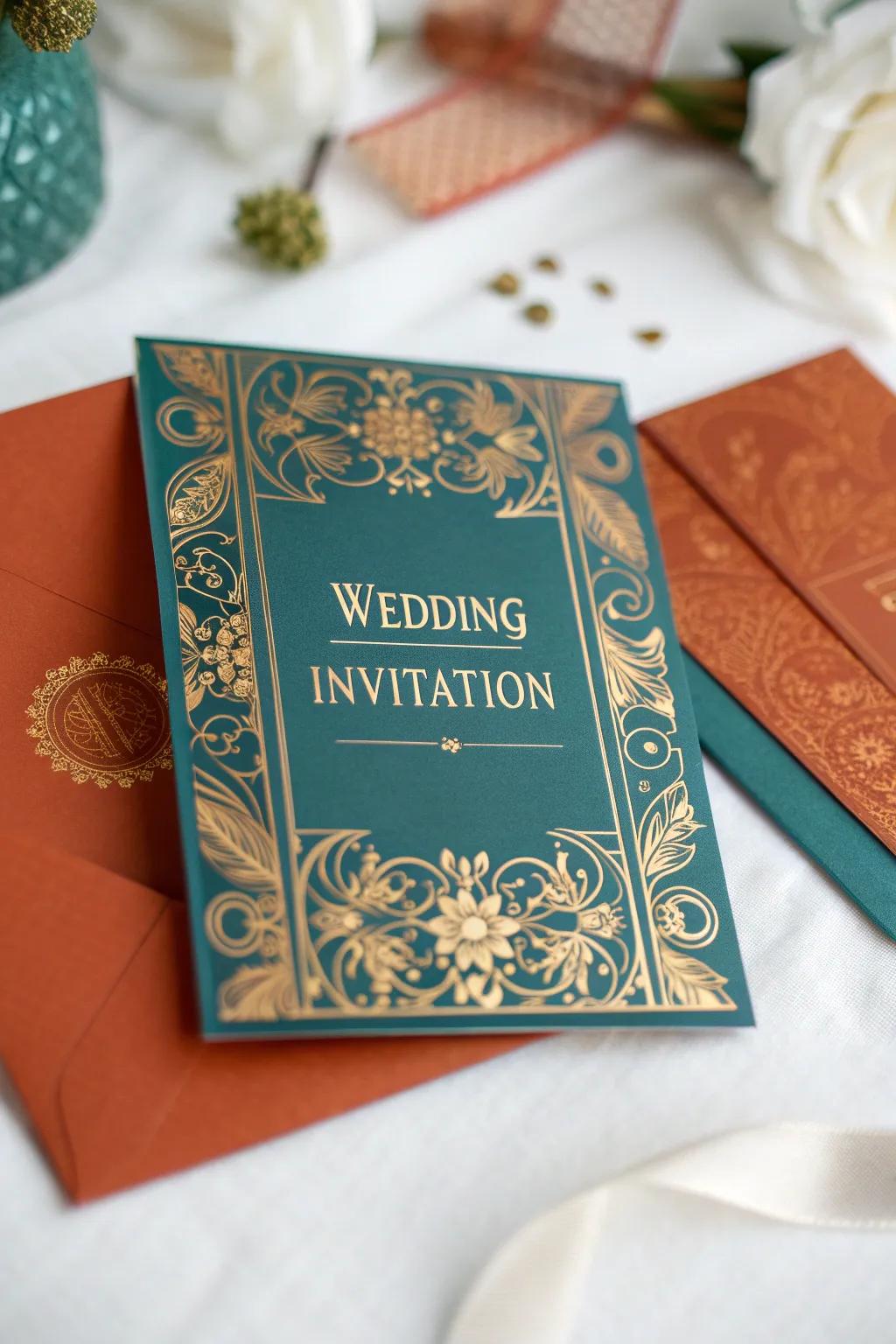 A wedding invitation that reflects a teal and burnt orange theme.