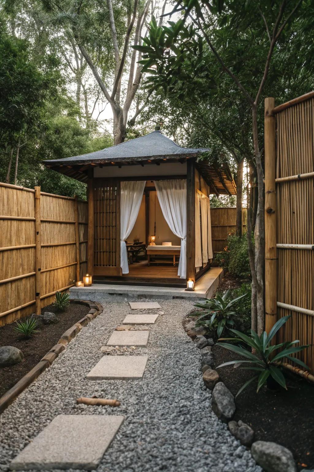 Zen sanctuary cabana with calming Japanese-inspired decor.