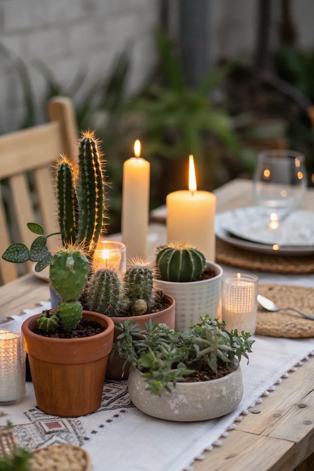 Wax lights paired with cacti cultivate a tender and inviting atmosphere.