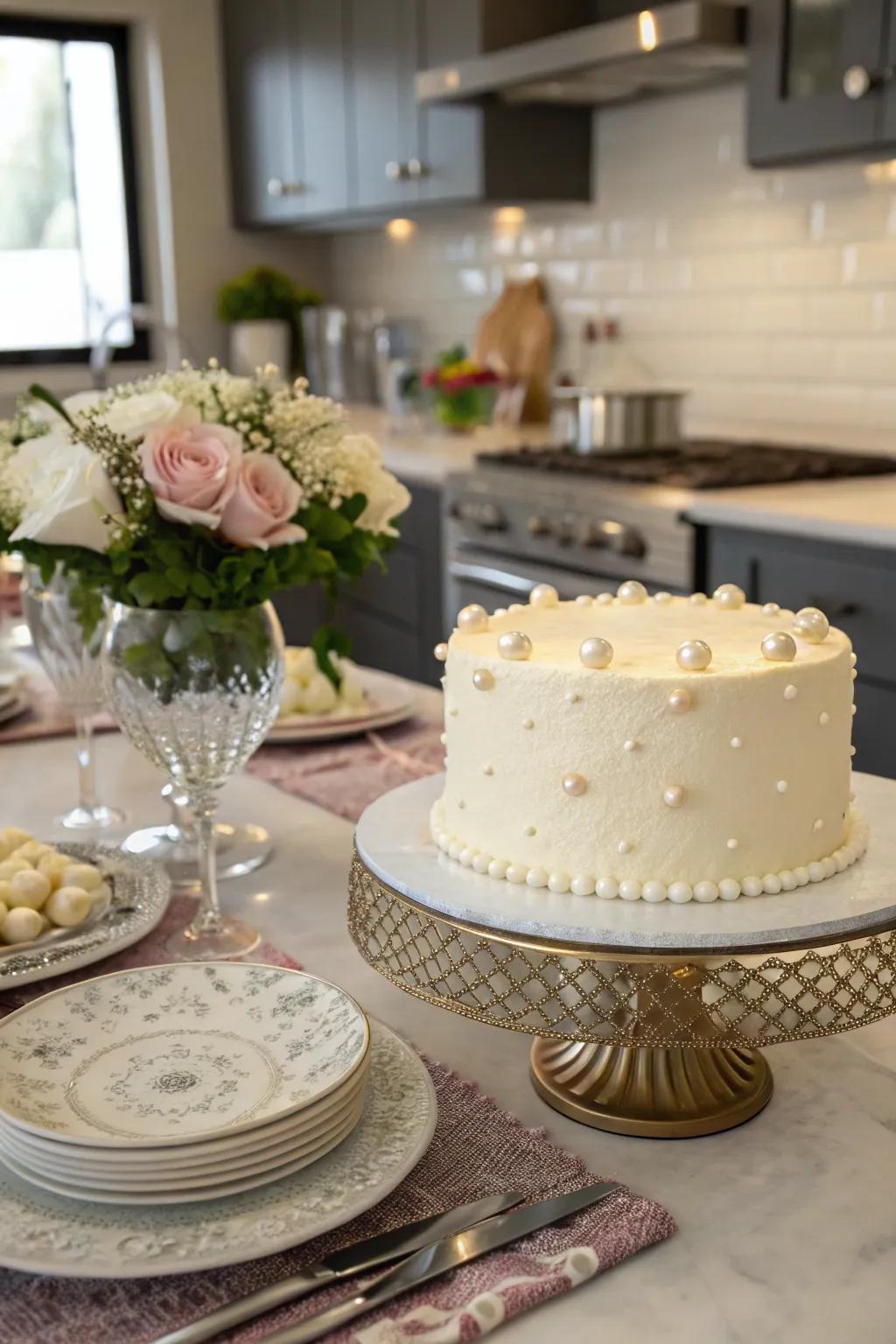 Glamorous edible pearls adding sparkle to a buttercream cake