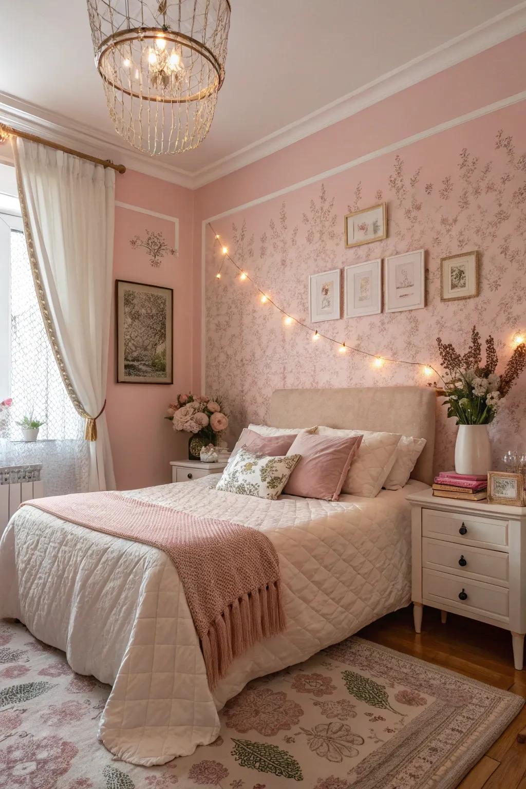 Pastel pinks add a soft, romantic feel to the bedroom.