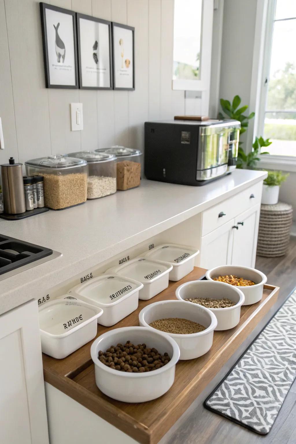 An organized feeding station simplifies mealtime for both you and your cat.