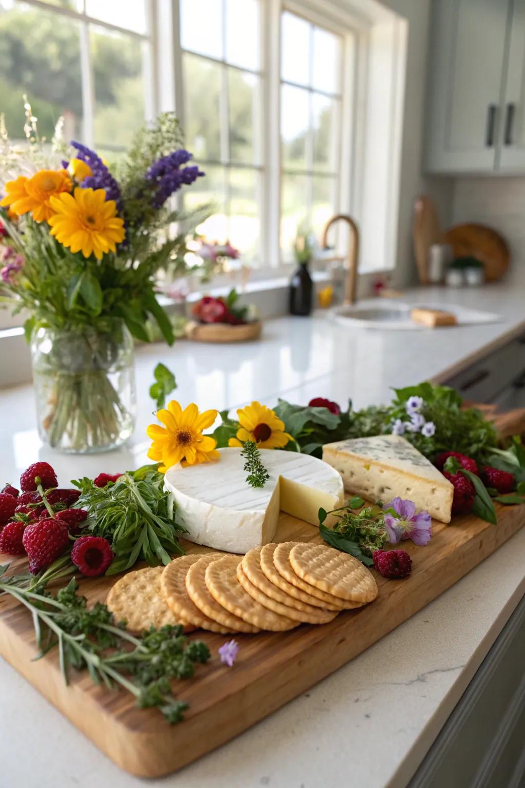 A cheese board enhanced with fresh herbs and flowers.
