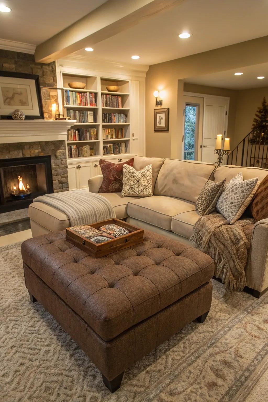 An ottoman offers comfort and versatility as a coffee table with a sectional sofa.