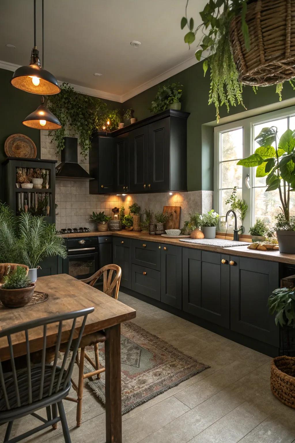 Dark cabinets with olive green walls create a soothing and nature-inspired kitchen setting.