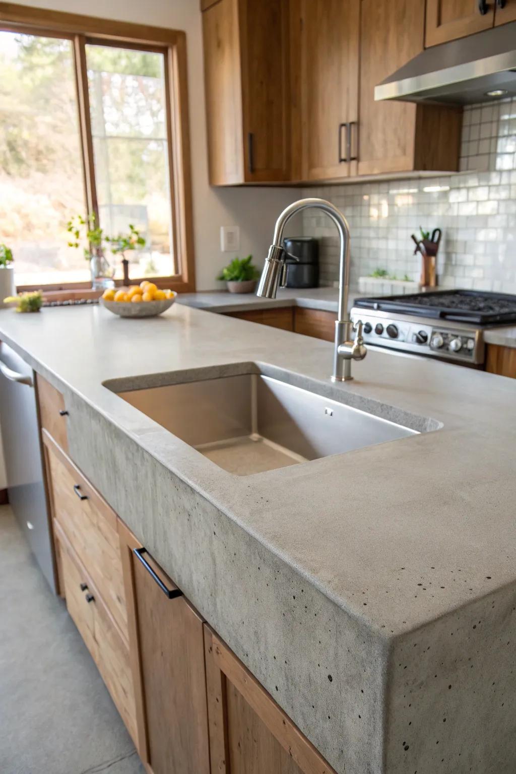 Integrated concrete countertop and sink in a modern kitchen.